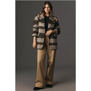 Maeve by Anthropologie Brushed Plaid Blazer Oversized Peacoat Brown Motif Small